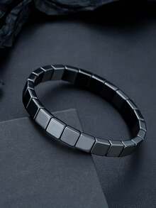 1pc Fashionable Vintage Black Stone Bracelet, Simple & Versatile Square Shaped Natural Stone Bracelet For Men, Casual Everyday Wear