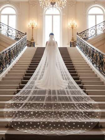 En lyxig brudslöja med långt släp prydd med 3D-miniatyrblommor är det perfekta valet för ett kungligt bröllop.