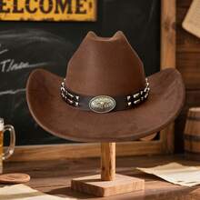 Felt Cowgirl Hat Stylish Decorative Studded Bull Head Belt Western Hat Wide Brim Jazz Cap - Reddish Brown - View 5