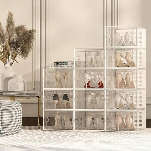 12 Pack Shoe Storage Box Clear Plastic Stackable Shoes Organizer For Cabinet Closet Space Saving Foldable Sneaker Organizers Containers Display Case Holders Boxes