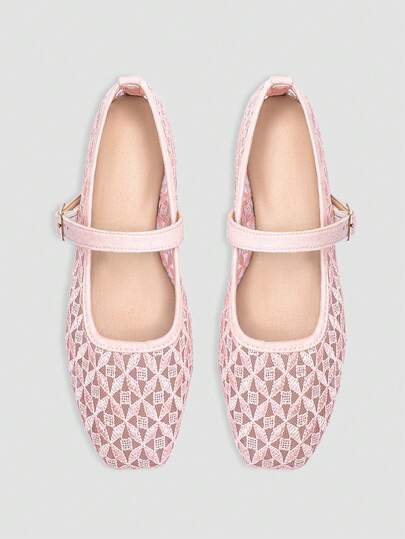 ADAMUMU 女士时尚方头休闲聚会办公室扣带透气编织镂空网眼舒适一脚蹬平底鞋，粉色