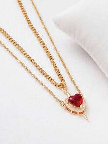 2pcs/Set Summer Western Minimalist Luxurious Elegant Sophisticated High-End Creative Knight & Princess Design Romantic Love Sword & Heart Ruby Pendant 18K Gold Necklace, Women Jewelry For Daily, Date, Evening, Engagement, Gift For Wife, Girlfriend, Christmas, Valentine's Day - Necklace - View 9