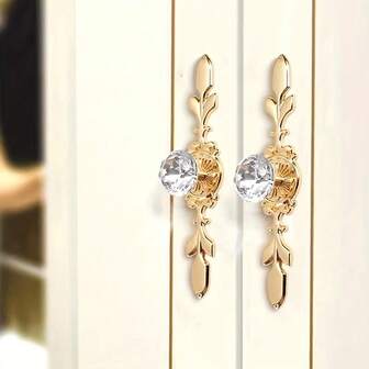 2PCS Luxury Gold And Crystal Cabinet Handles, Vintage Drawer Pulls For Kitchen Cabinet/Bedroom Dresser/Bathroom Vanity, Easy Install Decorative Hardware