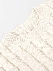 1pc Girls' White Cable Knit Round Neck Sweater, Loose Drop Shoulder Knitted Top, Spring/Autumn - White - View 5