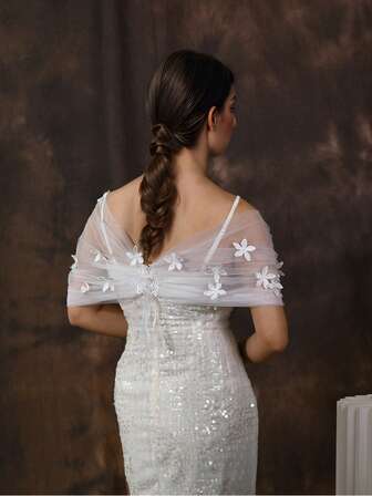 1pc White Lace Applique Bridal Shawl, Suitable For Ladies' Banquets, Travel Photography, Parties, Christmas