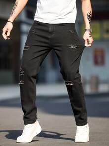 Amerykański styl plus size zniszczone dżinsy dla dużych i wysokich mężczyzn, modne luźne spodnie jeansowe