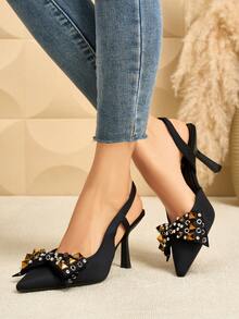 SVRM Pantofi cu toc ascuțit, din satin, cu fundă și baretă la spate, pentru femei, eleganți pentru evenimente sociale, petreceri, birou și naveta - Negru - Vizualizare 1