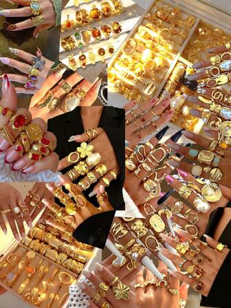 Juego de anillos ajustables vintage elegantes y retro con estilo de moneda, 29/24/20/15/11/7/4 piezas, de metal con elementos multicolor brillantes, gemas falsas, perlas, corazones, flores, mariposas, estrellas de mar y hexagramas, adecuado para mujeres y hombres, para todas las estaciones, ideal para vacaciones, fiestas, citas, regalos, días festivos, Navidad y Año Nuevo