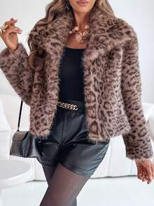 ChicMe Women's Lapel Long Sleeve Faux Fur Short Fluffy Leopard Print Jacket, Warm And Elegant, Suitable For Daily Dates - Mocha Brown - View 3