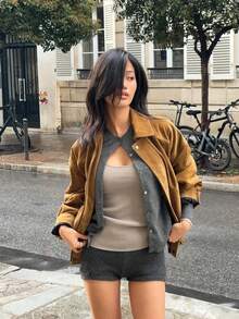 秋季新款女士优雅百搭日常外出翻领纽扣保暖街头棕色拉链外套 - 棕色 - 查看 3