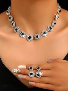 3 件套奢华婚礼派对女士礼服水钻水钻装饰珠宝时尚闪亮颈链项链和耳环套装舞会服装珠宝套装配饰（2 个耳环和 1 条项链） - 銀色 - 查看 7