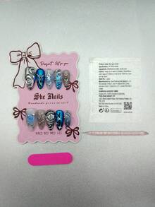 10pcs Acrylic Nail Art Set, Cute Baroque Gothic Punk Rock Western Style DIY Nail Tips For Men, Shiny Metallic Medium Almond Shaped Handmade Press-On Nails, Blue & Silver Nails, Hand-Painted Wavy Hexagram Moon Star Totem Circle 3D Silver Beads, Suitable For Cool & Stylish Men & Women, Fit For Party Or Daily Wear, Comes With Gel Pads, Nail File And Nail Care Tools. - Blue - View 9