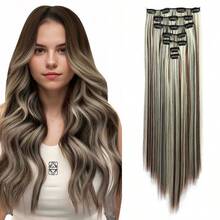 22英寸直发合成假发，7片装直发接发套装，带隐形夹，可延长头发长度 - 彩色 - 查看 49