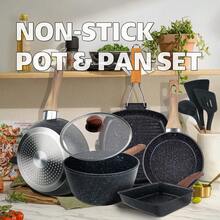 ABKOK 1pc/9pcs Black Aluminum Cookware Set, Includes Soup Pot, Frying Pan, Steak Pan, Tamagoyaki Pan, Silicone Tools, Sponge, Suitable For Induction Cooktop, Portable For Kitchen Use, Can Purchase Individual Pots Or Full Set - Black - View 7