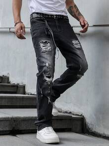 Men's Slim Fit Stretch Distressed Washed Denim Jeans, Casual American Street Style, All Season - Grey - View 7