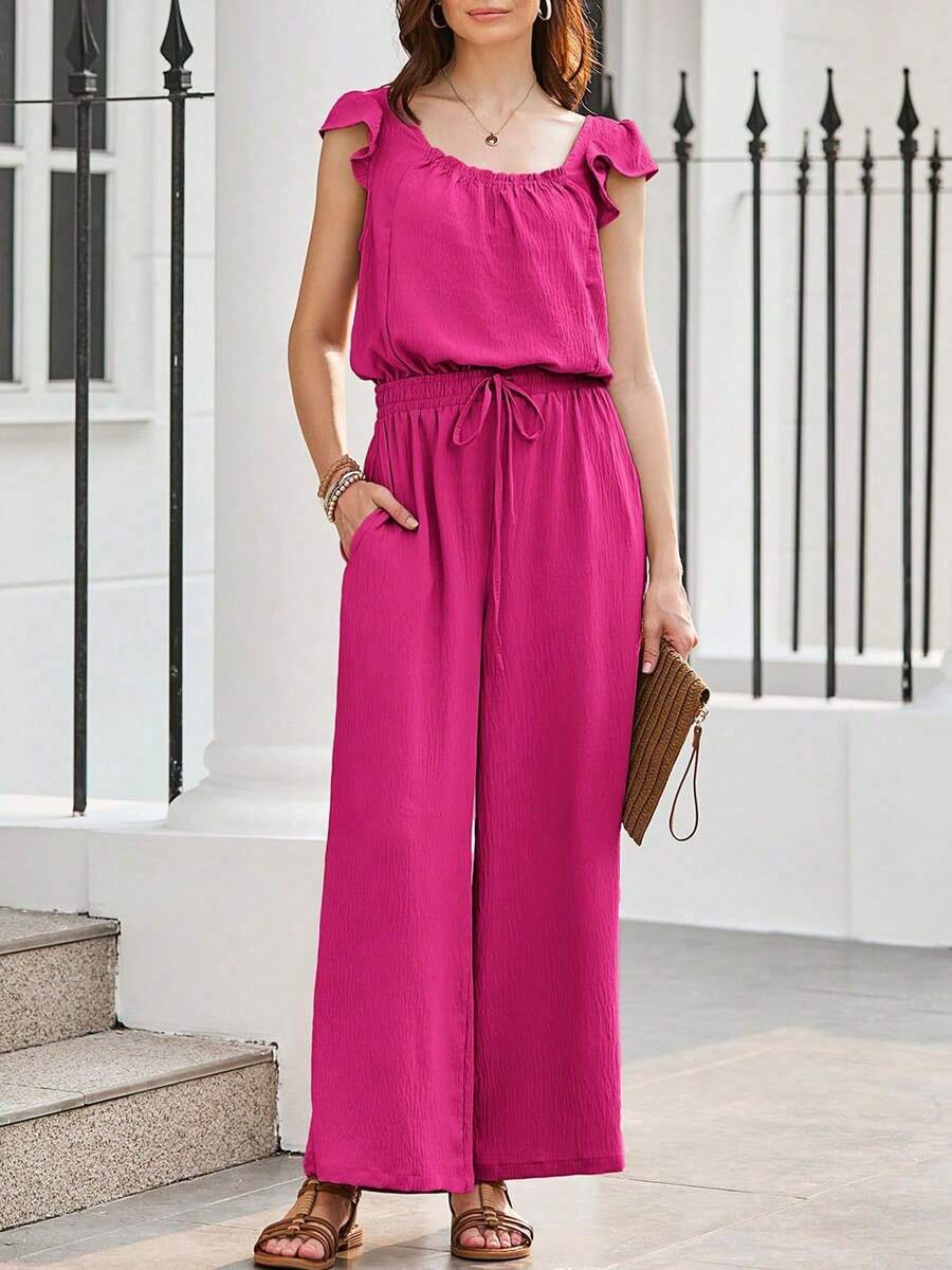 Womens Summer Loose Spaghetti Strap Short Jumpsuit Rompers - Rosa Fucsia - Ver 1