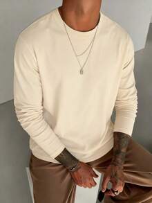 男士休闲纯色长袖T恤，日常叠穿必备，春秋季 - 杏色 - 查看 6