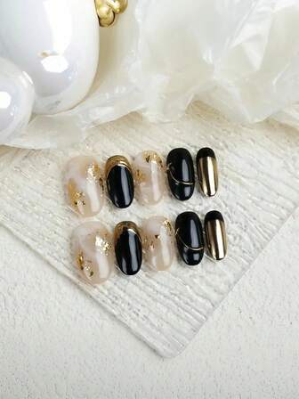 10 Pieces Of Black Gold Color Blended With White Gold Foil, Simple Oval Shaped Handmade Wearable Nail Fake Nail Plates For Daily Use, Suitable For Women Of Different Styles To Match, Detachable And Reusable