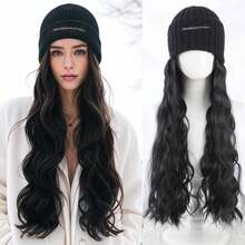 22 Inch Long Curly Wig, Beige Elastic Knit Cap, Synthetic Fiber Material, 100% High Density, Natural Looking, Suitable For Daily Wear, Women's Warm Black Cap Wig - Multicolor - View 11