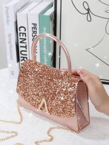 女士晚宴包，闪亮亮片材质时尚手拿包，大容量手提包，奢华V形金属装饰，适合婚礼、派对、聚会、晚宴、生日礼物、情人节礼物 - 香檳色 - 查看 7