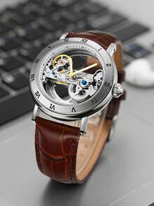 1pc Men Classic Retro Automatic Mechanical Watch For Men Luminous Hands Leather Strap Business Golden Bridge Skeleton Watches Gifts With Box