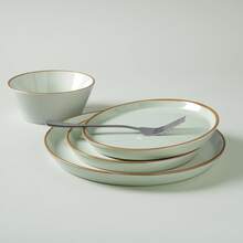 Richmount 12-Piece Plates And Bowls Sets For 4, 12 Pieces Stoneware Dish Set - Chip And Scratch Resistant, Round Tableware Set - 淺綠色帶棕色邊緣 - 查看 2