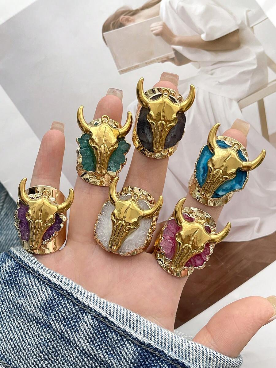 1pc Punk Western Cowboy-Style Personalized Gold Titanium Steel Bull Head Asymmetrical Natural Stone Open Ring For Women Perfect For Music Festivals, Parties, Street Style, And Everyday Outings 18K Gold-Plated Fashionable Ins Unisex Ring Jewelry Valentine's Day (Each Natural Stone Is Unique, And There May Be Variations In Color.) - Bull's Head Natural Stone Ring - View 1