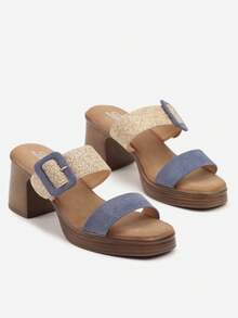 Women's Soft Texture Buckle Detail Platform Sandals - Casual Summer - Blue - View 5