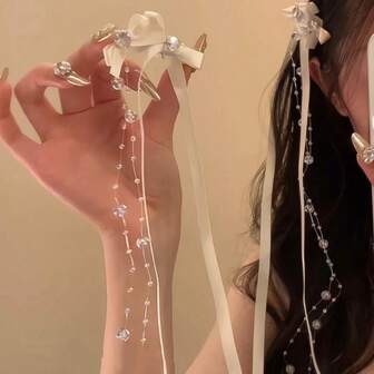 1 pieza Clip de pelo con lazo blanco, cuentas y borla larga estilo dulce para mujer, nuevo 2025