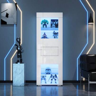 60*40*170cm Schrank,Vitrine AusSchranktür Aus Acryl, Vitrine Hochglanz Lagerschrank Mit LED-Beleuchtung, 2 Glasboden, Highboard, Wohnzimmerschrank, Aufbewahrungsschrank, Hochschrank, Sofaschrank,Weiß