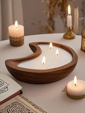 1pc Wooden Dough Bowl With Eid Moon And Candle, Eid Mubarak Plate With Scented Candle, Holiday Decor, Holiday Candle, Birthday Gift, Souvenir And Small Gift, Suitable For Ramadan, Christmas, Mother's Day, Eid Al-Adha, Saudi National Day, Tabletop Decor And Home Decor, Photography Props Decor And Surprise Gift
