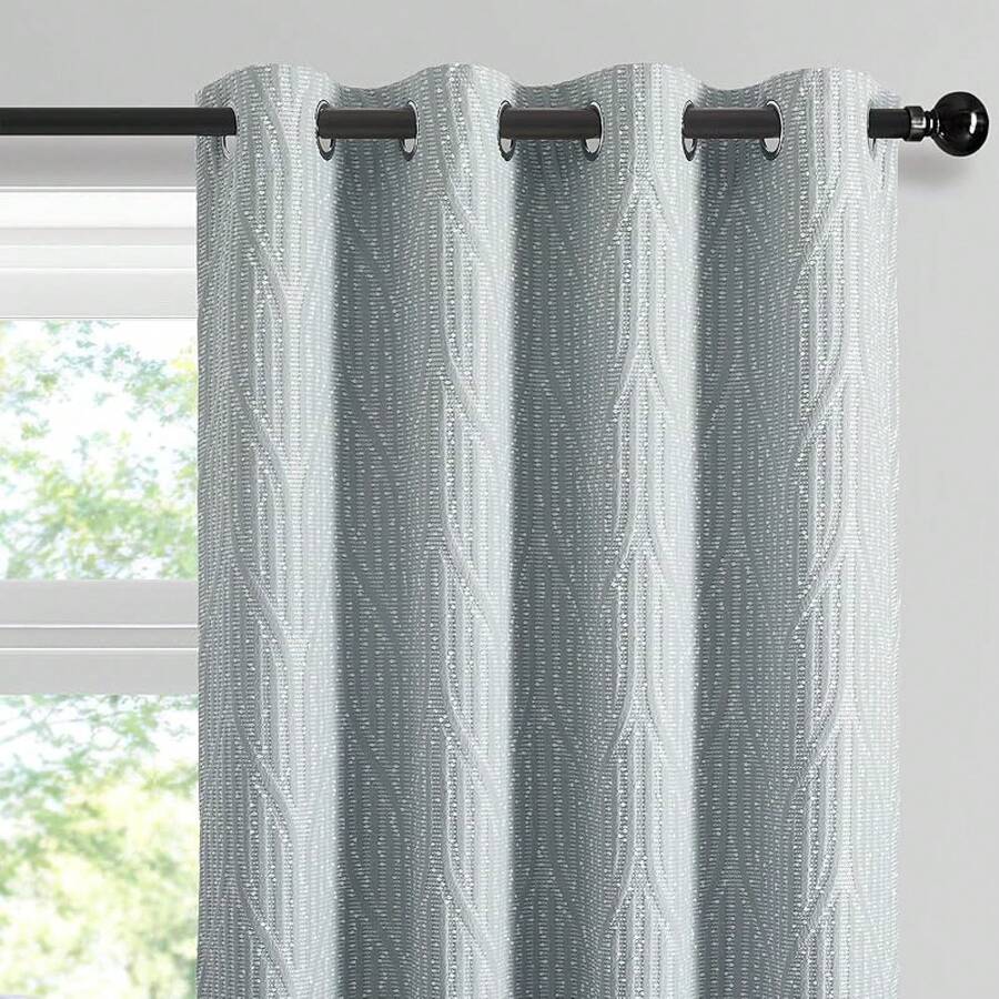 Beige And Black% Blackout Geometric Pattern Curtains, 52 Inch Wide 96 Inches Long 2 Panels, Thermal Insulated Noise Reducing Anti-Rust Grommet Drapes Bedroom Living Room,, Modern Style, Energy-Efficient - Grayish White - View 1