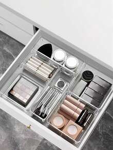 7件套/2件套亚克力抽屉收纳盒，内置化妆品收纳盒，分隔式梳妆台护肤品收纳托盘，套装包含多种尺寸组合，适用于家用桌面和抽屉收纳