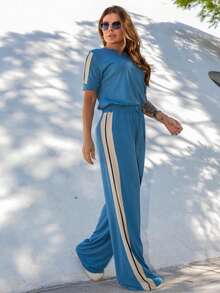 Women's Basic Pants And Blouse Set With Side Stripe. - Dusty Blue - View 4