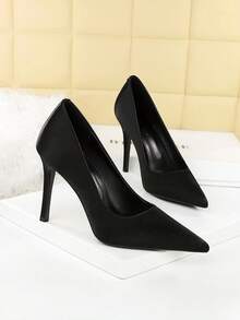 尖头缎面高跟一脚蹬浅口鞋，性感女士派对鞋，细高跟，欧美风格 - 黑色 - 查看 3