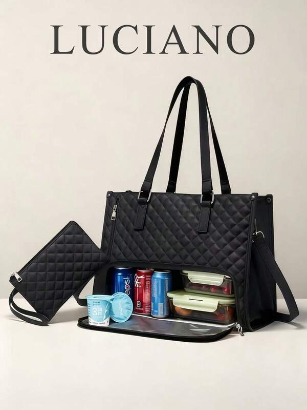 Nova bolsa tote de grande capacidade da moda, bolsa clássica com isolamento multicolorido que pode ser colocada no computador, bolsa de mamãe, bolsa de deslocamento, bolsa de almoço para exercícios diários, bolsa de piquenique, bolsa transversal com isolamento à prova d'água, preta, tamanho grande