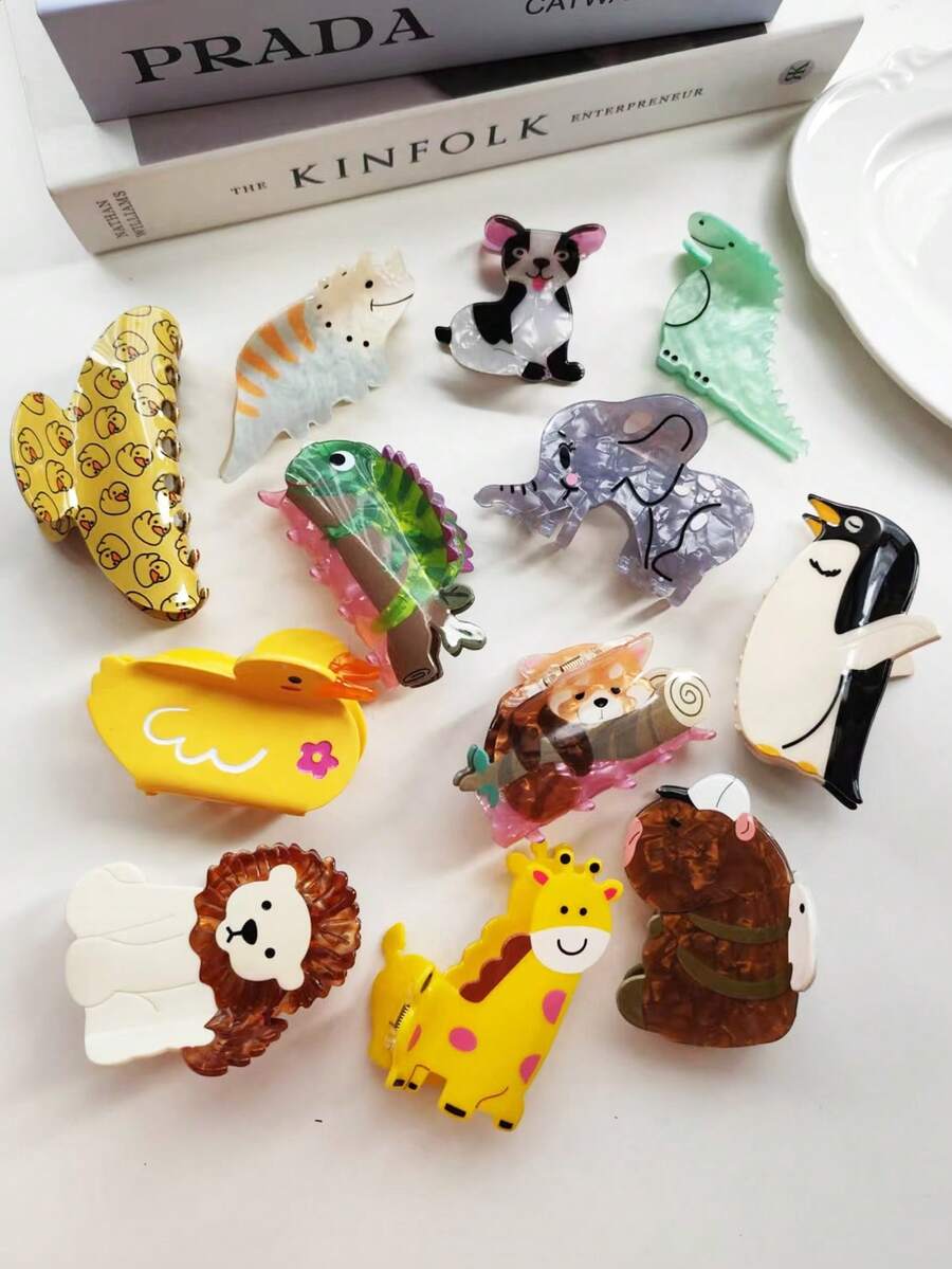 1pc Unique Faux Animal Claw Acetate Clips, Penguin, Lion, Puppy, Duckling, Elephant, Large Hair Clips, Hair Claw, Women Hair Accessories Women Claw Clip - Multicolor - View 1