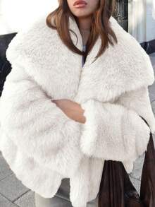 Women's Faux Fur Coat Winter Warm Oversized Lapel Shaggy Fuzzy Casual Jacket Outerwear - 白色 - 查看 5