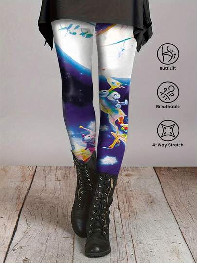 1 pieza Leggings casuales de cintura alta elástica de color azul contrastante, adecuados para otoño/invierno como capa base o uso casual/al aire libre