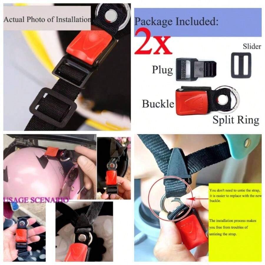 2 Set Helmet Quick Release Kit Bike Helmet Speed Clip Ratcheted Pull Lock With Spring O Rings Carabiner Chin Strap Adapter Easy To Install Without Removing D - Ring Straps Snap - Black/Red - View 1