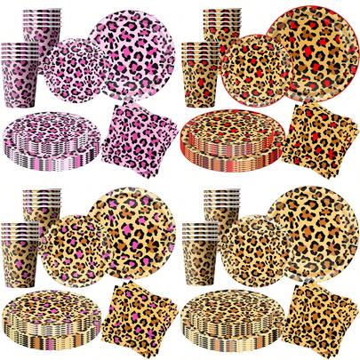 30/40/50 豹纹系列一次性餐盘、餐巾纸、纸杯和餐具套装，精美豹纹斑点设计餐盘、餐巾纸和纸杯派对用品，派对装饰纸盘、甜点盘、餐巾纸和纸杯，派对餐具，适合派对、家庭野餐、生日、婚礼、节日和周年庆典聚会。