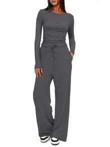 Women's Casual Clothing Solid Color Two-Piece Women's Casual Waist Pleated Long-Sleeved Top With Trousers Suit - 深灰色 - 查看 2