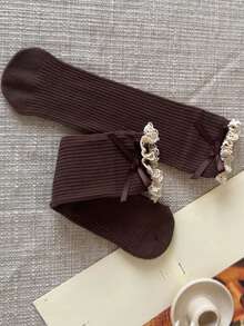 1/2 Pairs Girls' Soft Knit Ribbed Lace Trim Bow Tie Knee High Socks, Versatile For Casual, Party, School, Vacation, All Seasons, Children Gift