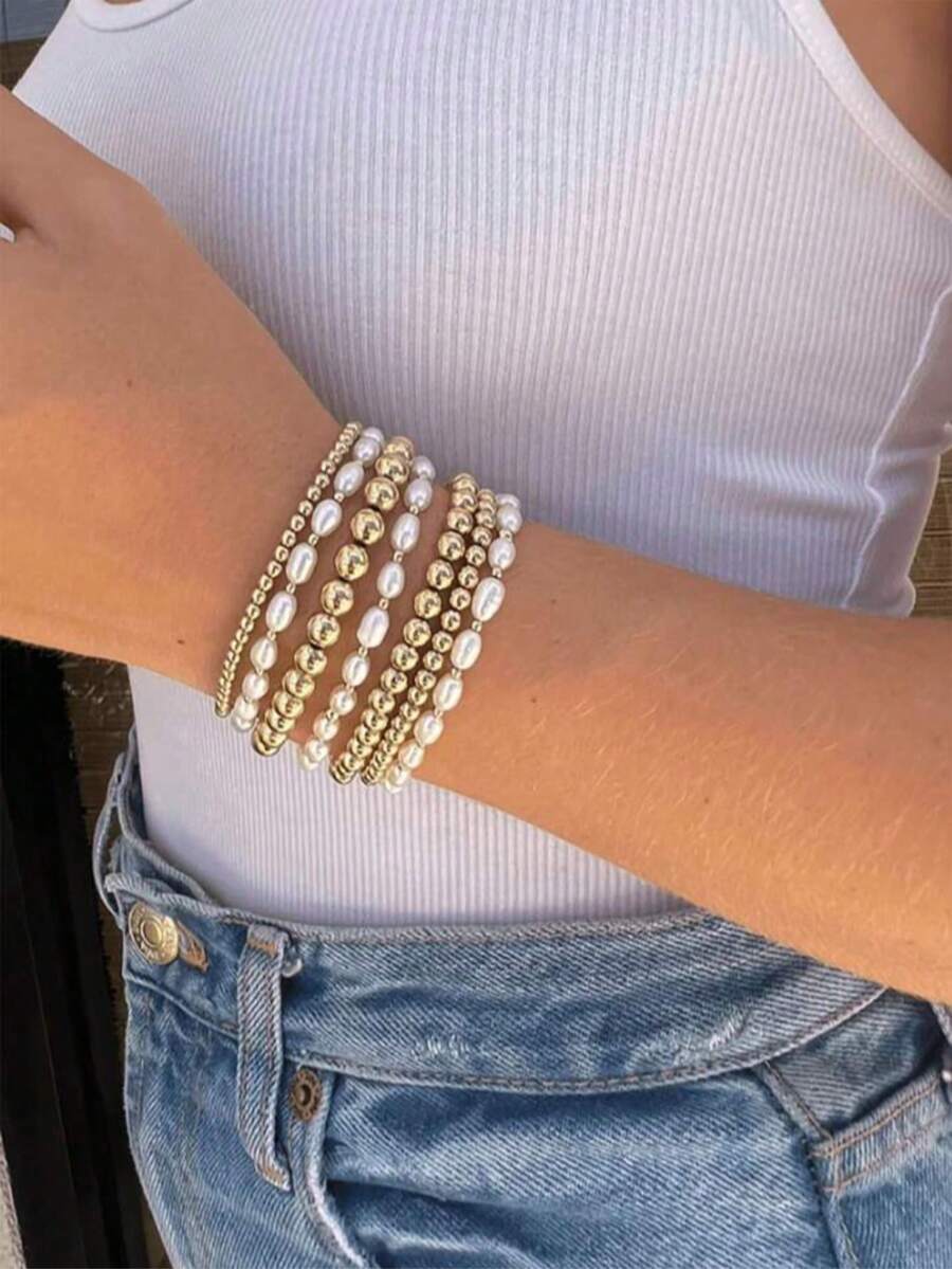 INS Style Faux Pearl Beaded Elastic Bracelet Set For Women