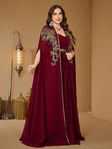 UNITHORSE Plus Size V-Neck Heavily Embroidered Extra Long Flared Sleeve Black Chiffon Dress - Burgundy - View 5