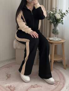 Women's Contrast Color Patchwork Jacket And Pants 2 Pieces Set, Autumn/Winter Black Spring Elegant - Black - View 4