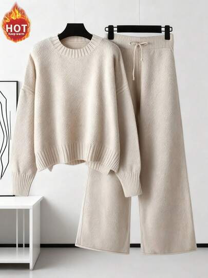 Women's Knit Sweater & Wide-Leg Pants Set - Multiple Colors, Ultra-Soft Warm Fabric,  Casual Two-Piece Outfit For Fall/Winter Coziness!