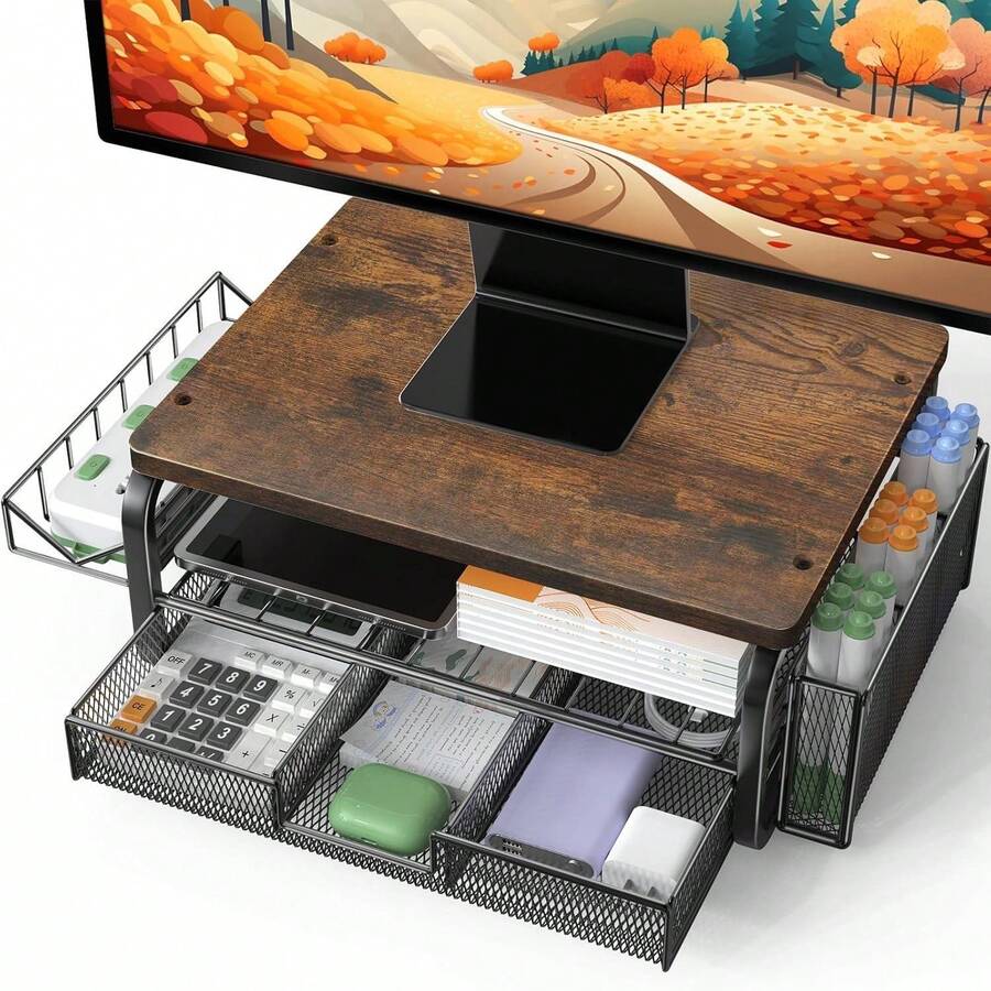 Elevador de Monitor con Cajón y Cestas Laterales | Soporte de Escritorio con Superficie de Madera Monitor Stand with Drawer and Side Storage Baskets | Wooden Desktop Riser - Multicolor - Ver 1