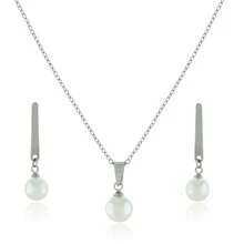Women's Set: Earrings, Necklace, Pearl Pendant, Bar Jewelry, Stainless Steel, Hypoallergenic. - Bạc - Xem 2