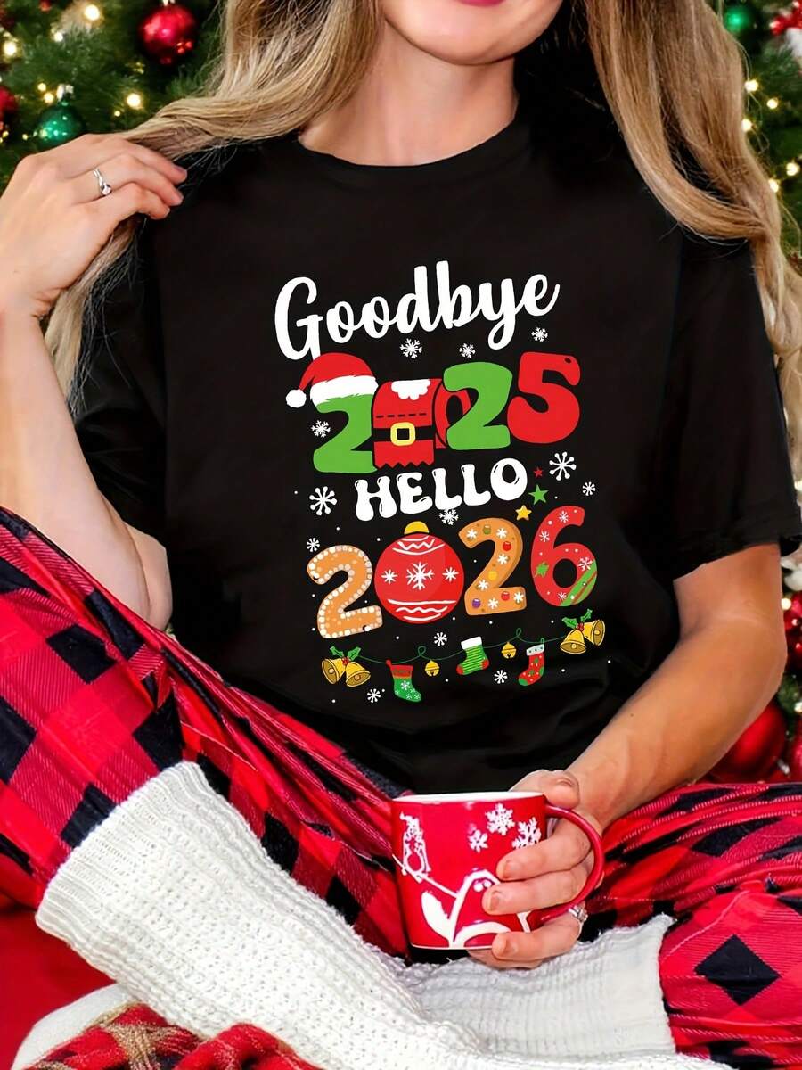 Camiseta de Navidad para Mujer Adiós 2025 Hola 2026 - Top Negro de Cuello Redondo con Letras Rojas y Verdes - Ropa Ligera Casual para Fiesta Navideña - Regalo Festivo de Navidad para Mujer - Camiseta para Primavera/Verano para Uso Diario y Ocasiones Especiales, Moda de Temporada, Diseño Divertido, Ajuste Cómodo, Camiseta de Manga Corta, Ideal para Compras Navideñas - Oscuro - Ver 1